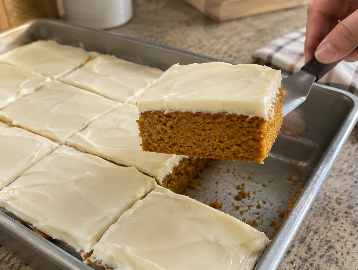Pumpkin bars with cream cheese frosting cut into squares in a rimmed pan