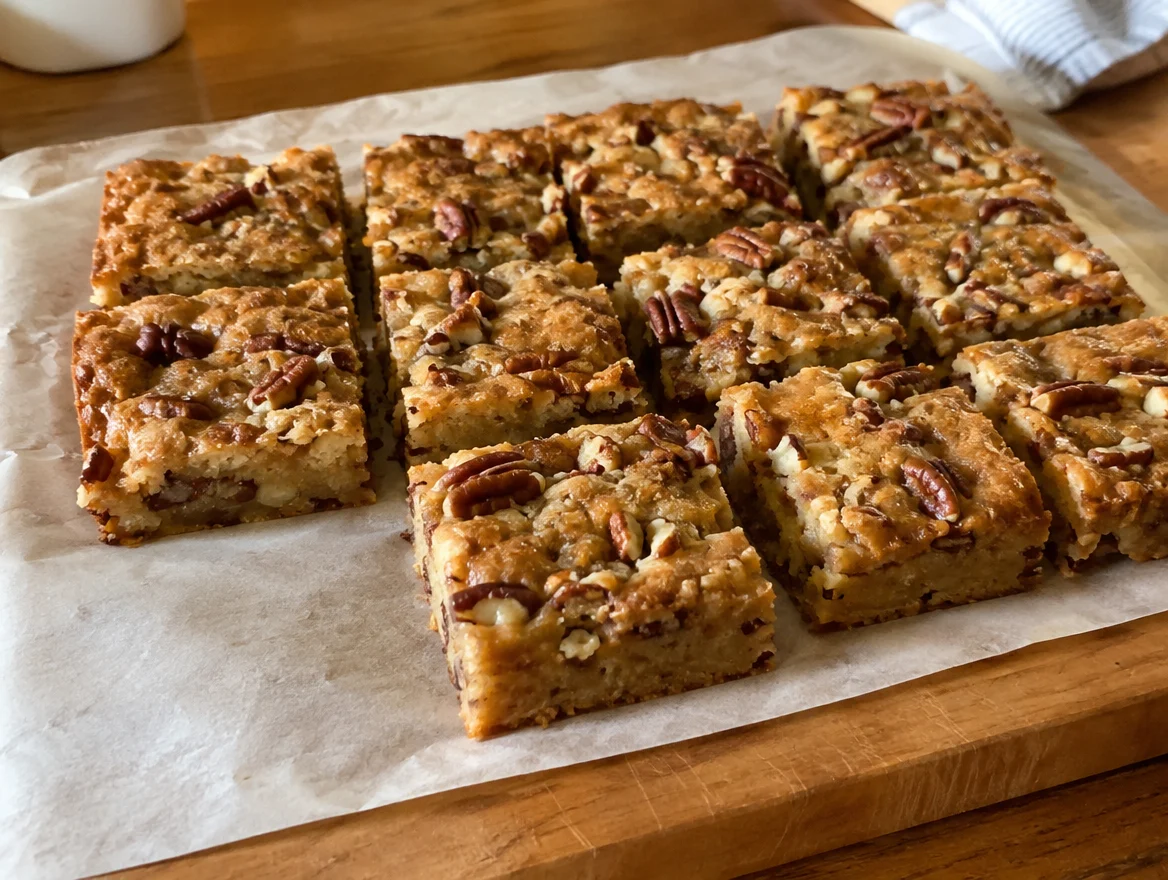 Maple pecan blondies cut into squares on parchment paper