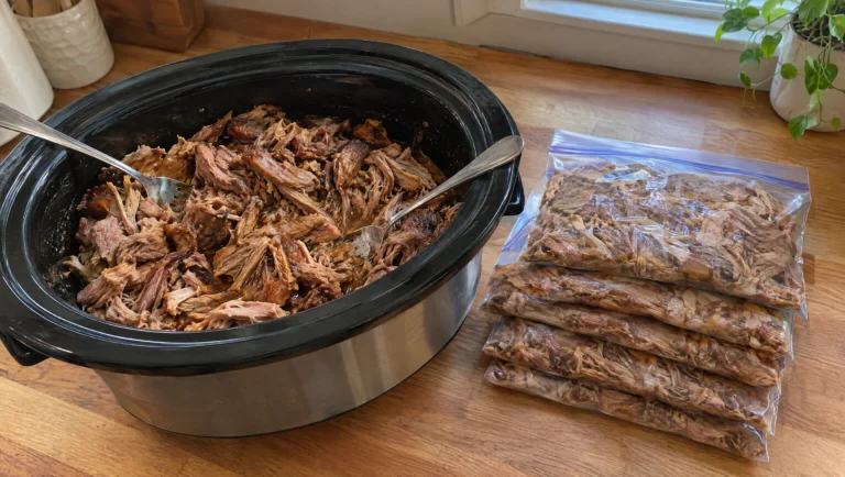Pulled pork freezer meals packed in flat bags next to a slow cooker of shredded pork