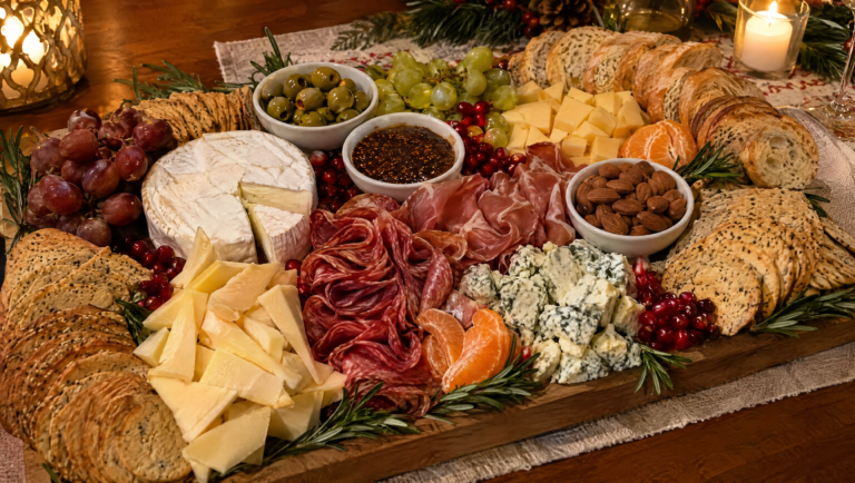 Christmas charcuterie board with cheese, salami, grapes, berries and rosemary