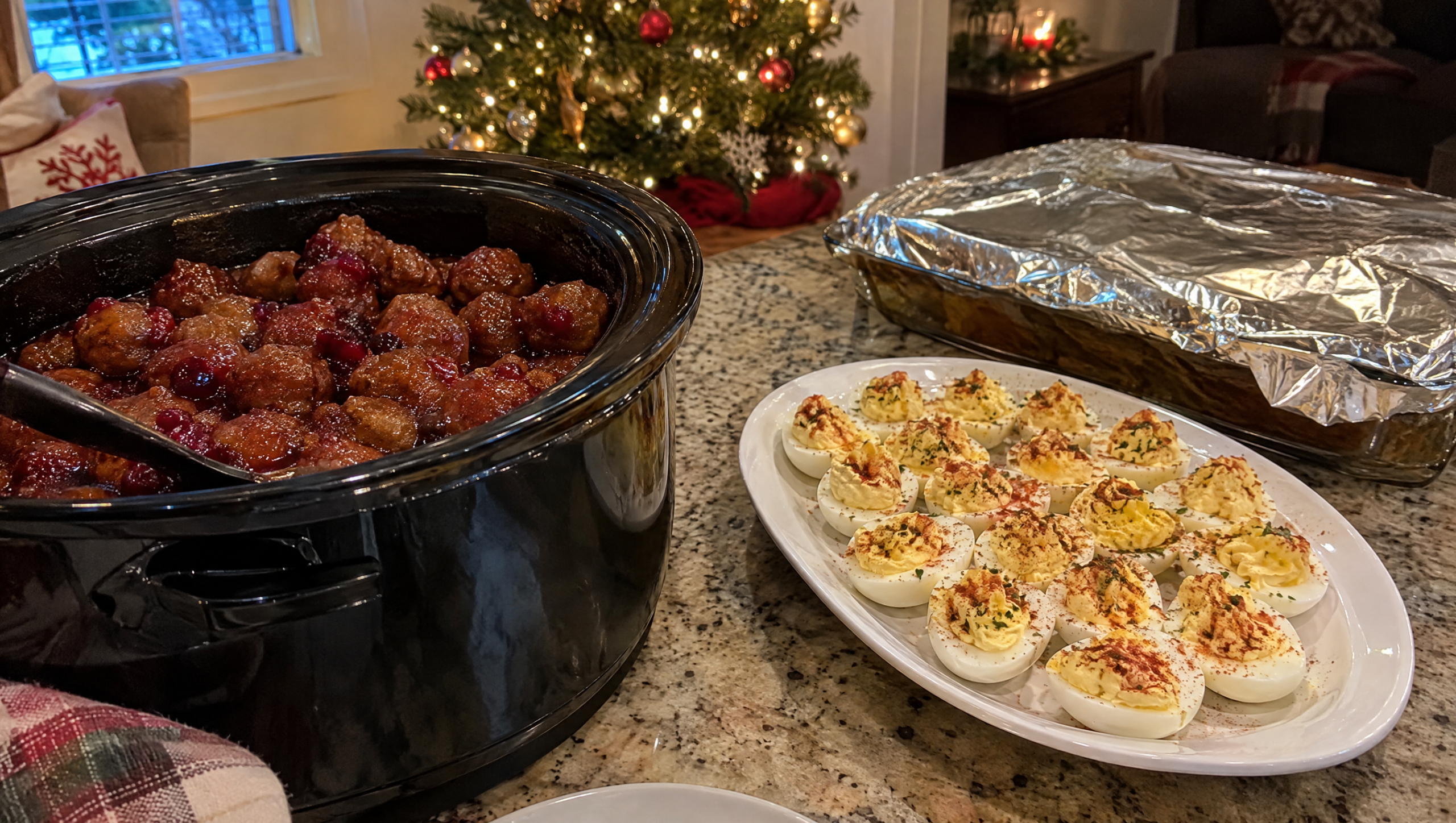 Make-ahead Christmas party food with slow cooker meatballs, deviled eggs and a covered dip