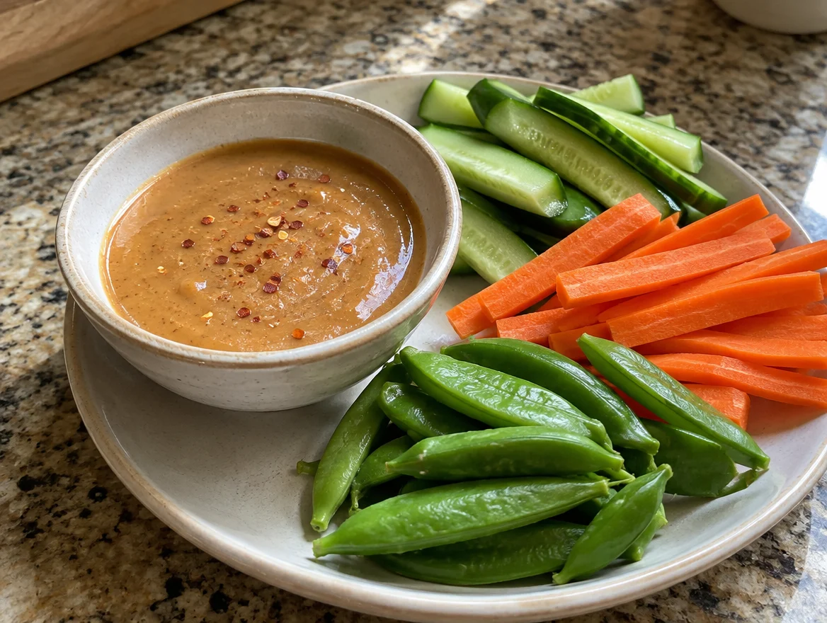 Peanut dipping sauce with cucumber spears, carrots and snap peas