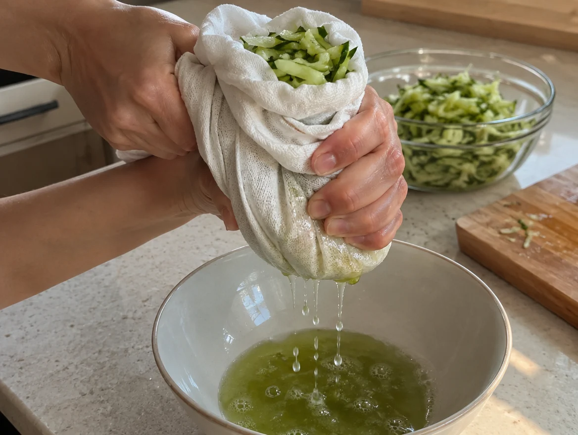 Hands squeezing grated cucumber dry in a kitchen towel for cucumber dip