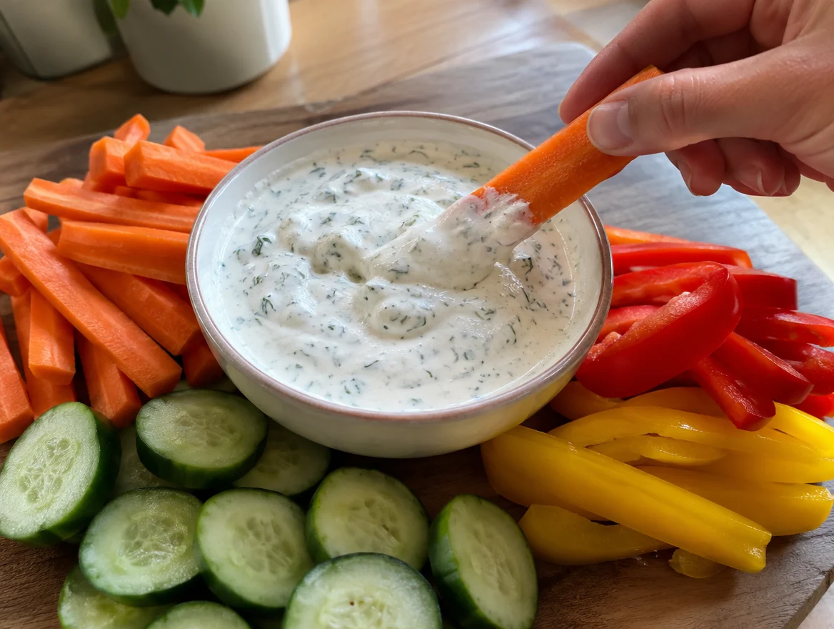 Greek yogurt ranch dip with carrot sticks, cucumber and bell pepper strips