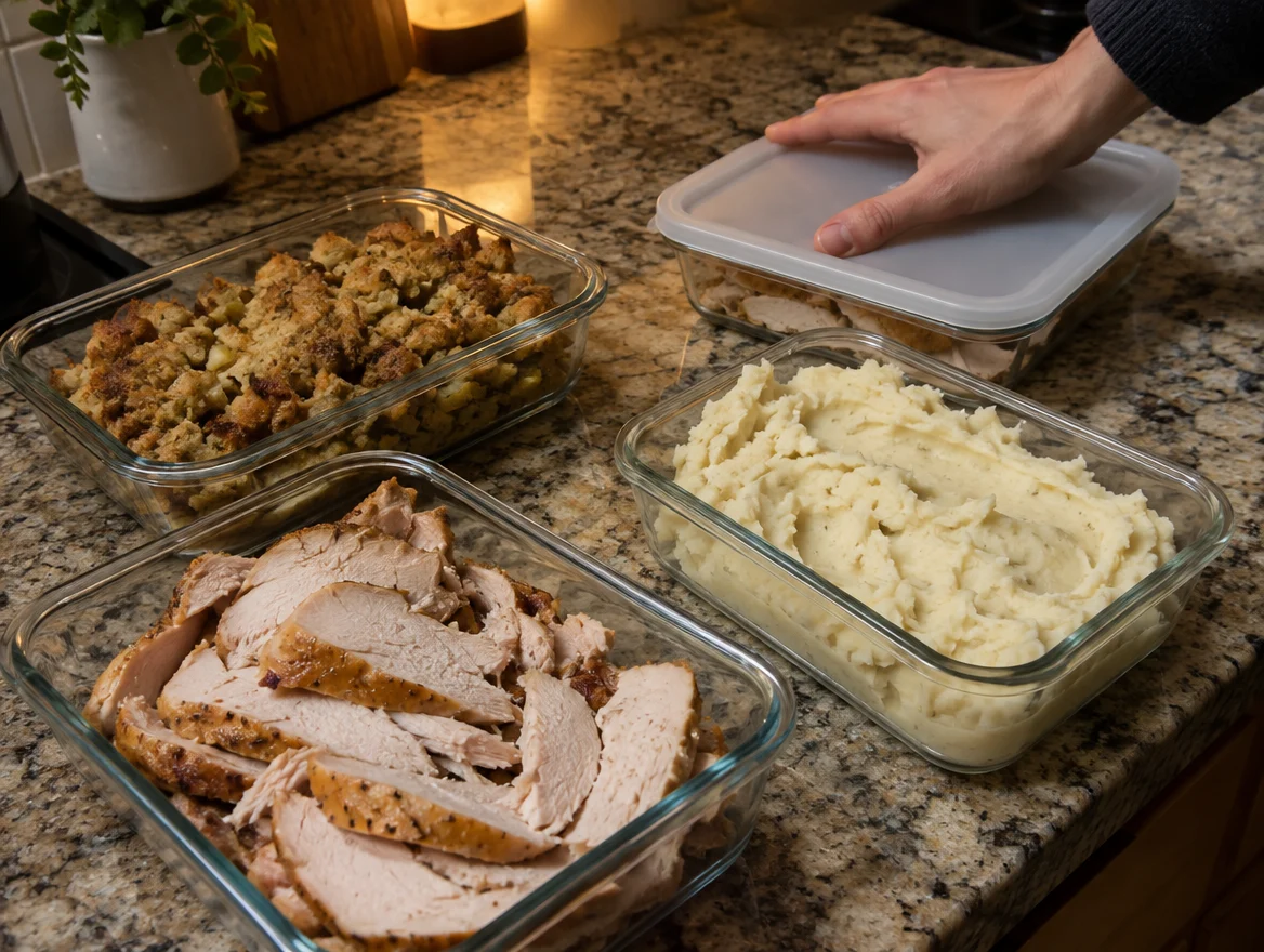 Thanksgiving leftovers packed in shallow glass containers for the fridge
