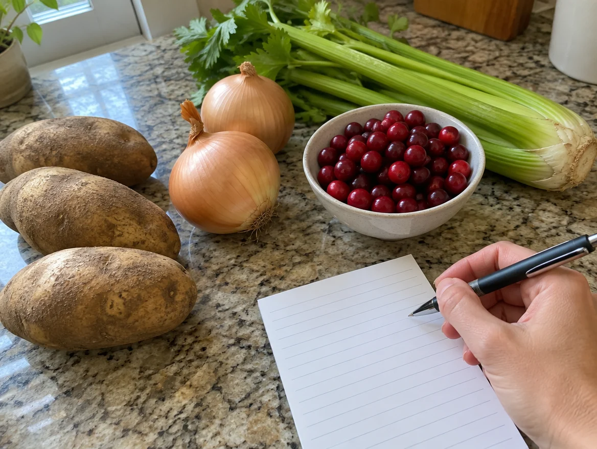 Planning a Thanksgiving dinner menu on a notepad next to fresh potatoes, onions, celery and cranberries