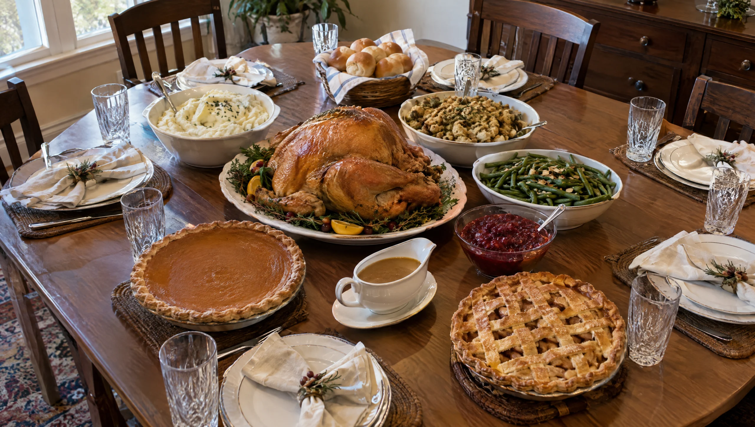 Thanksgiving menu planner table with roast turkey, mashed potatoes, stuffing, green beans, cranberry sauce, rolls and two pies