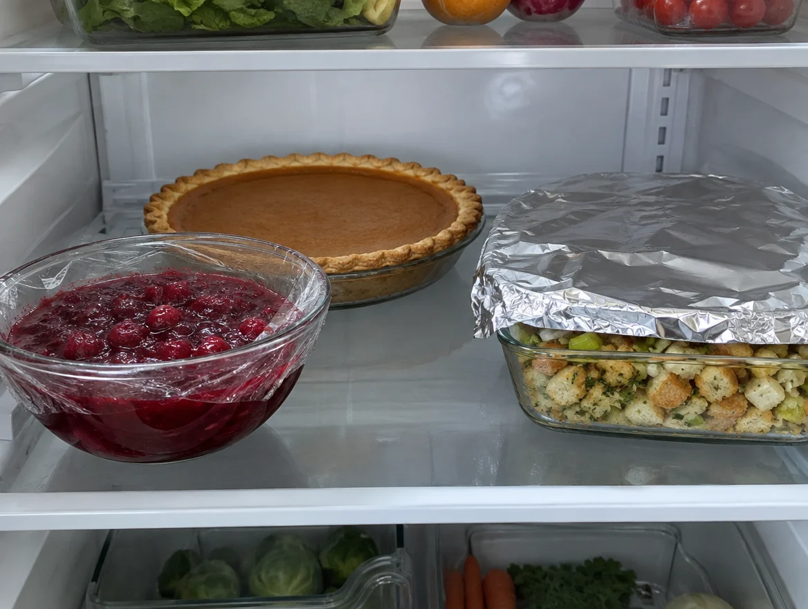 Make-ahead Thanksgiving dishes in the fridge: cranberry sauce, pie and assembled stuffing