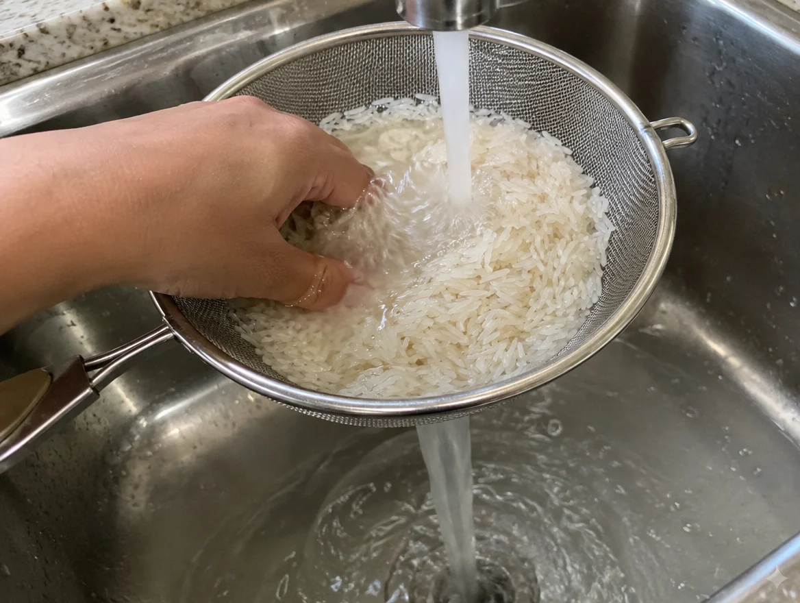 Rinsing white rice in a mesh strainer under the faucet
