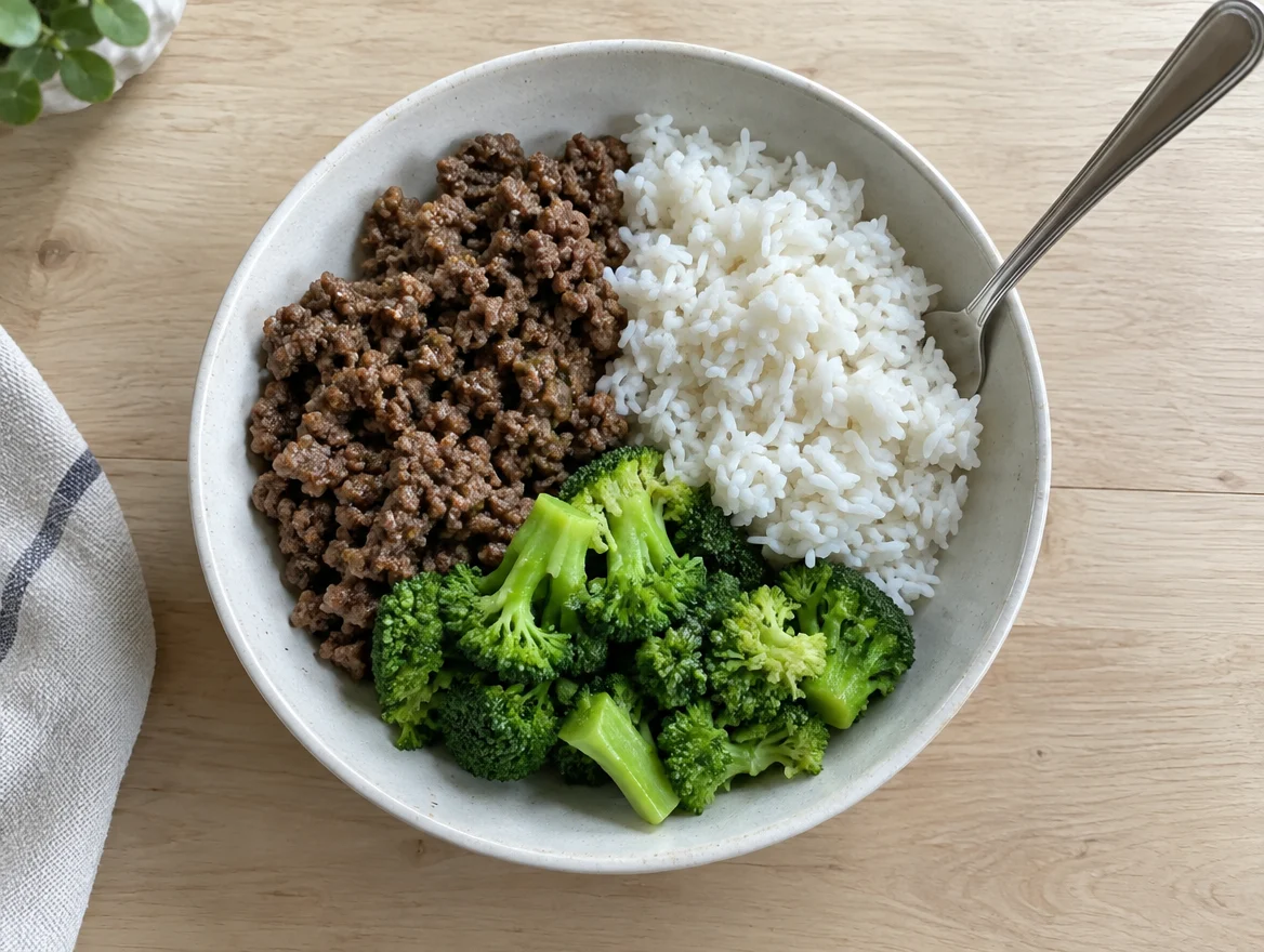Bowl split into ground beef, white rice and broccoli sections