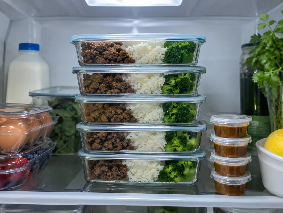 Five beef and rice meal prep containers stacked on a refrigerator shelf