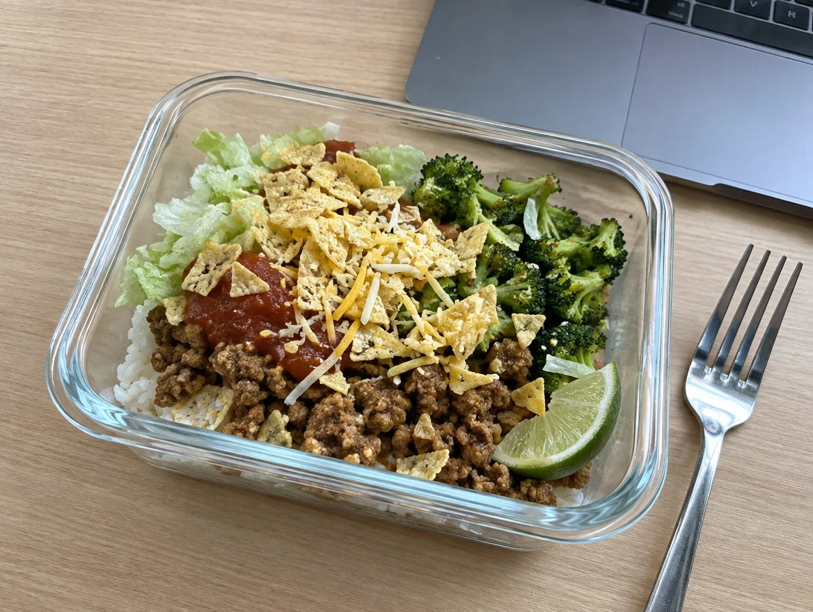 Taco beef and rice bowl with salsa and crushed tortilla chips in a meal prep container