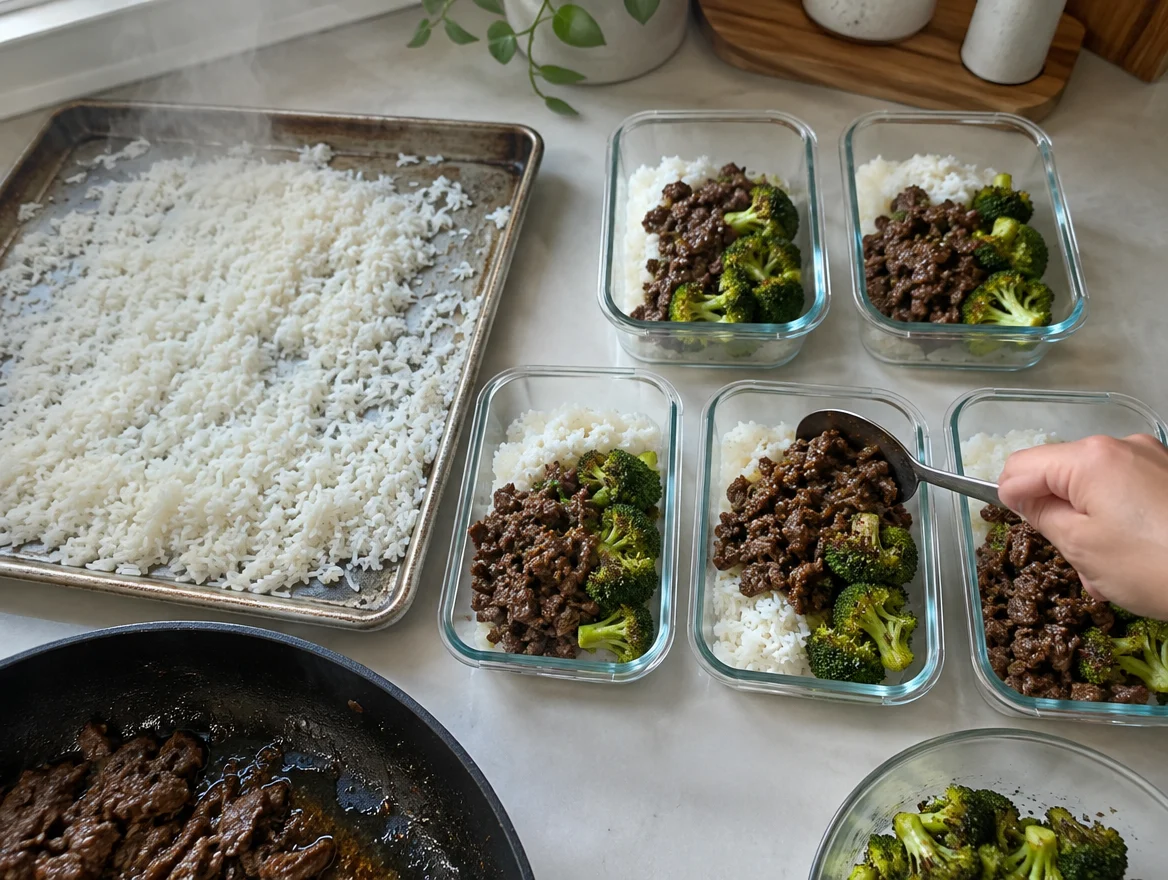Rice cooling on a sheet pan while meal prep containers are filled with beef and broccoli