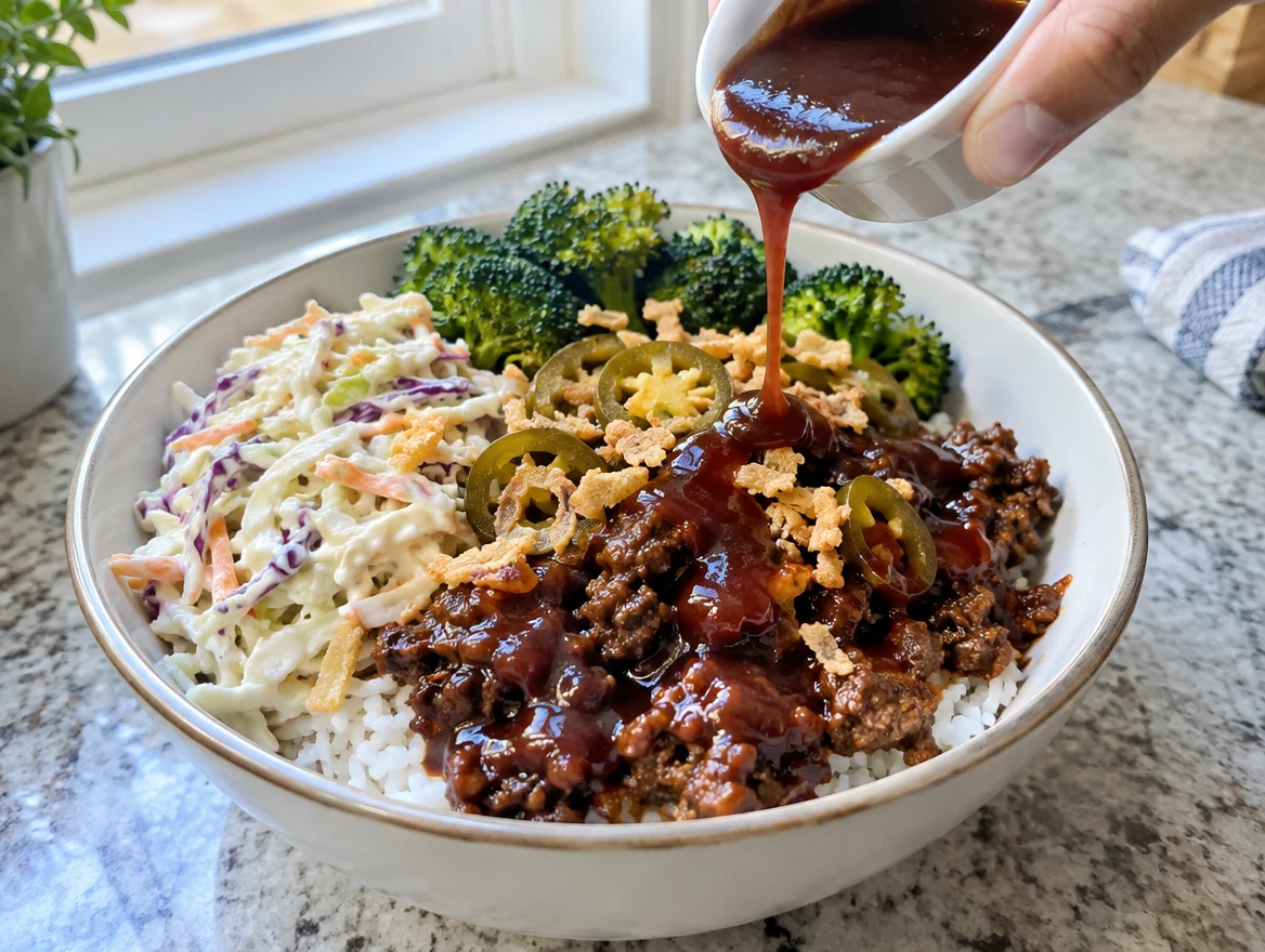 BBQ beef and rice bowl with coleslaw and crispy onions