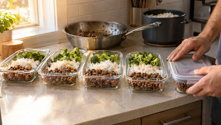 Five boy kibble bowl meal prep containers of beef, rice and broccoli on a kitchen counter