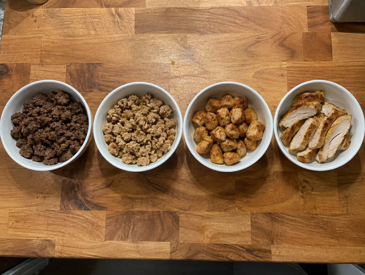 Four cooked proteins in bowls: ground beef, ground turkey, chicken thigh and chicken breast