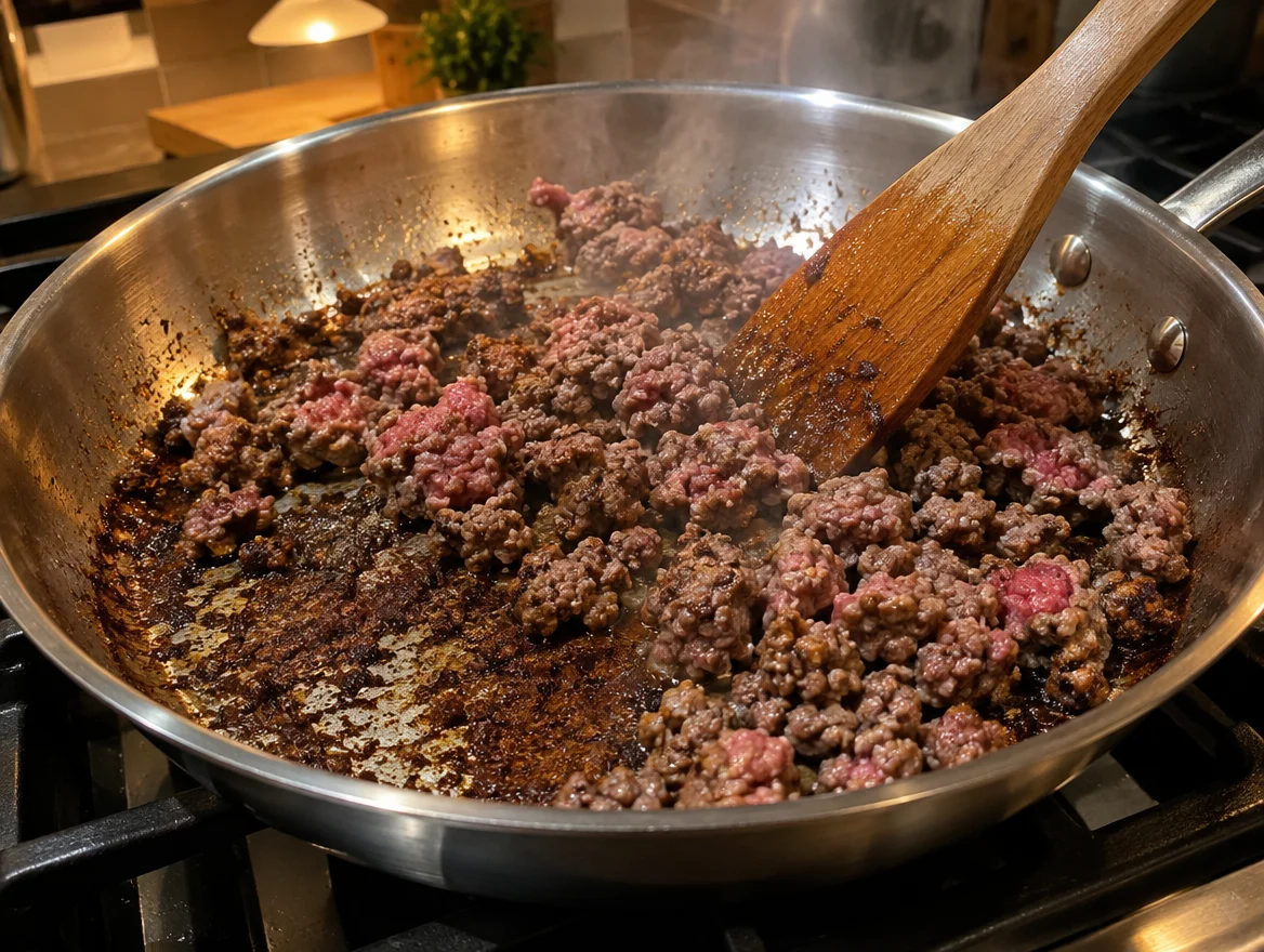 Ground beef browning with a dark crust in a stainless skillet