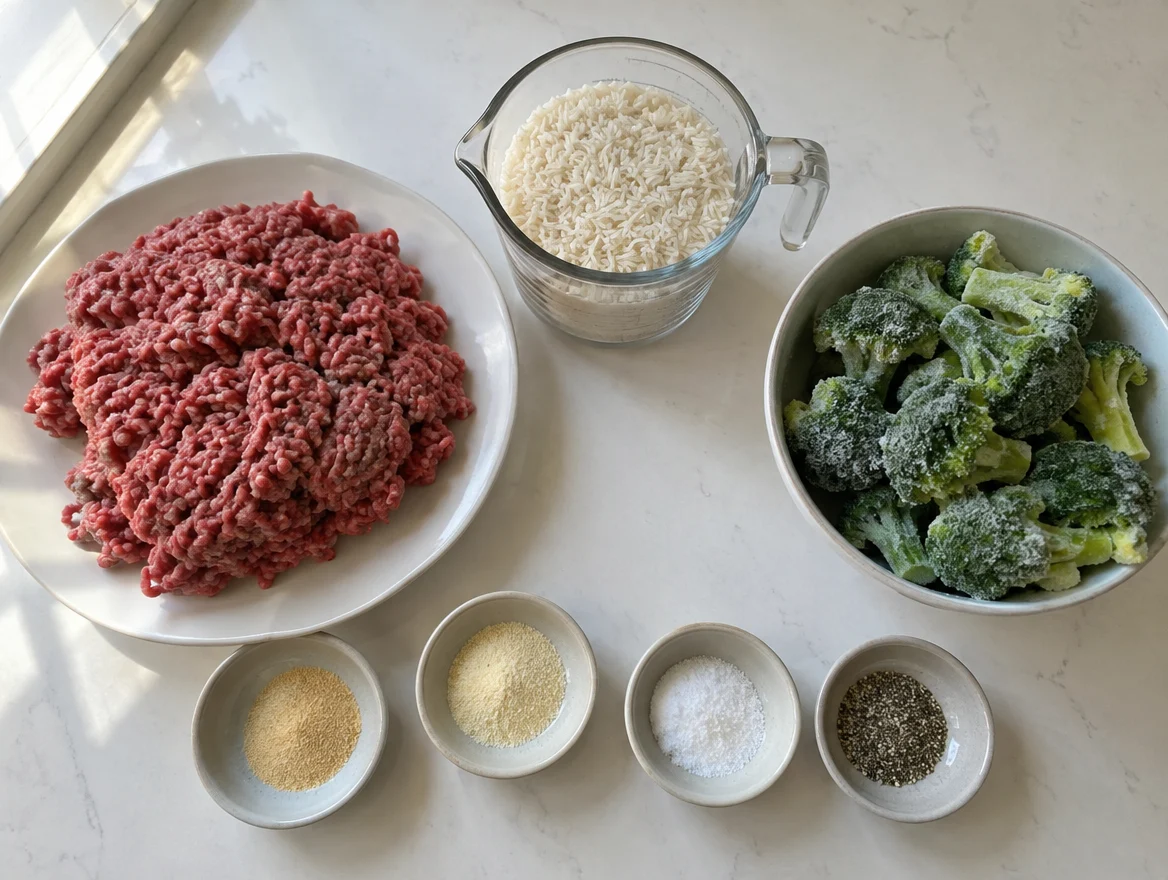 Ground beef, dry rice, frozen broccoli and spices laid out for meal prep
