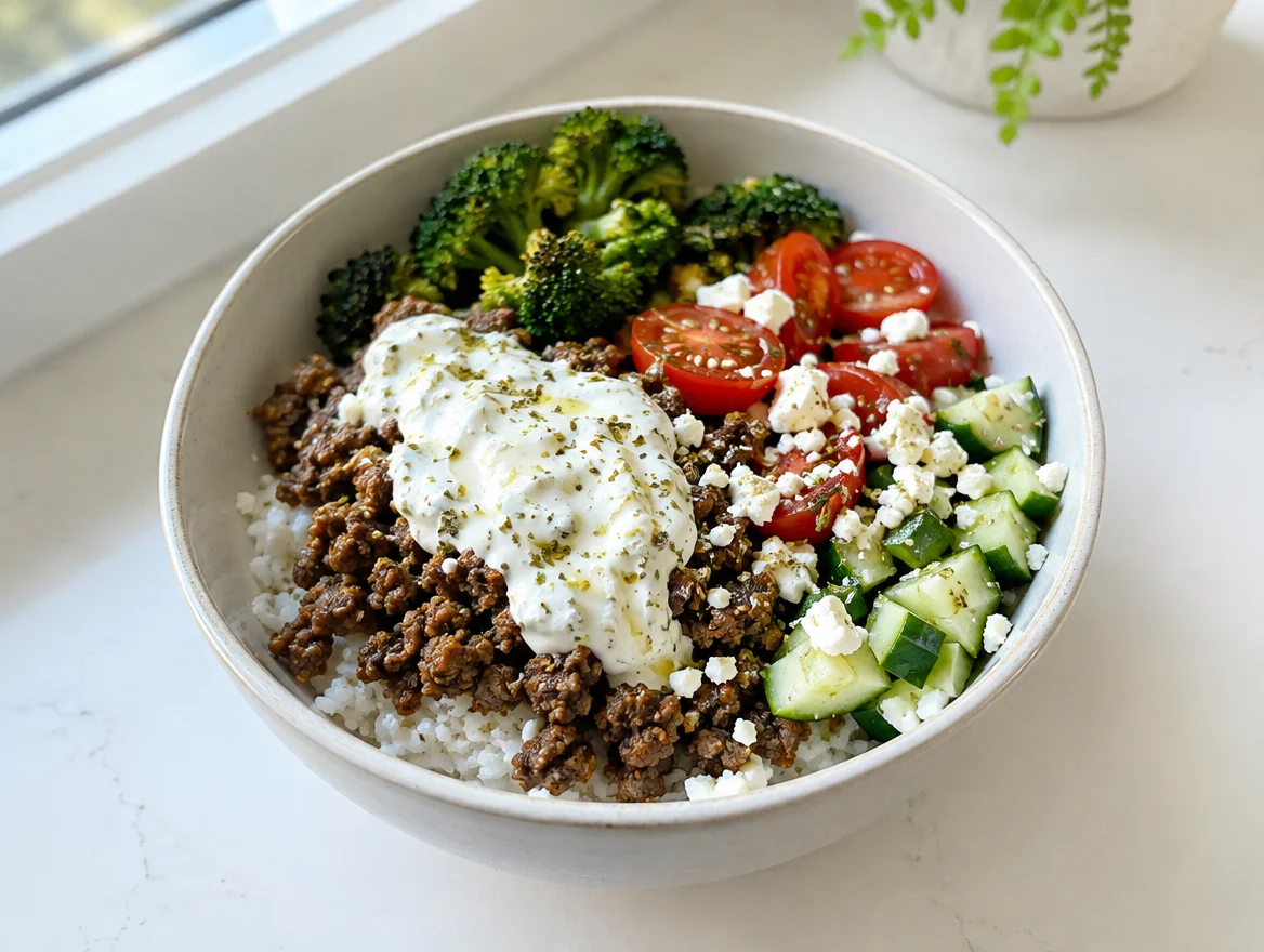 Mediterranean beef and rice bowl with yogurt sauce and feta