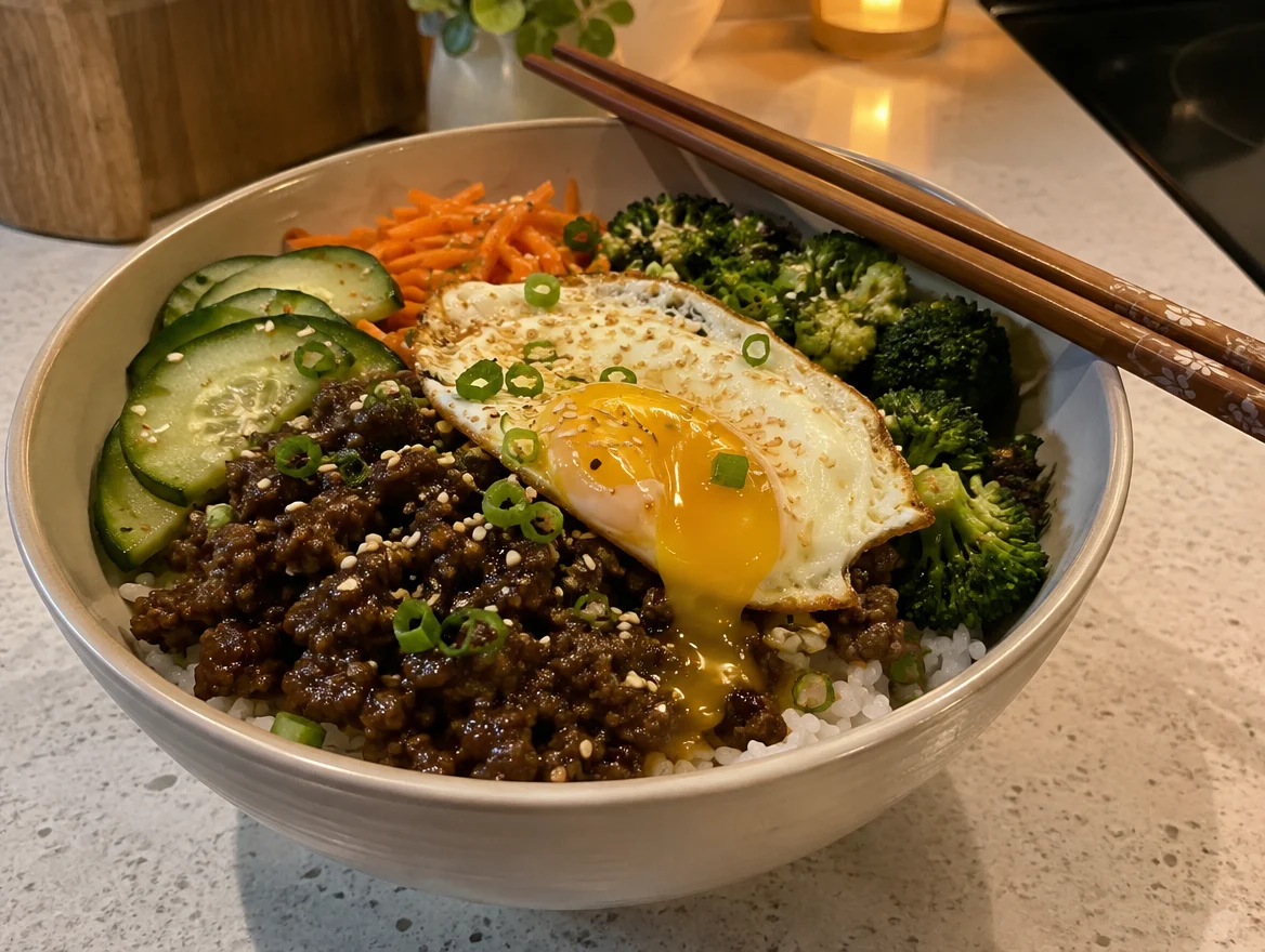 Bulgogi-style beef and rice bowl with cucumber, carrots and a fried egg
