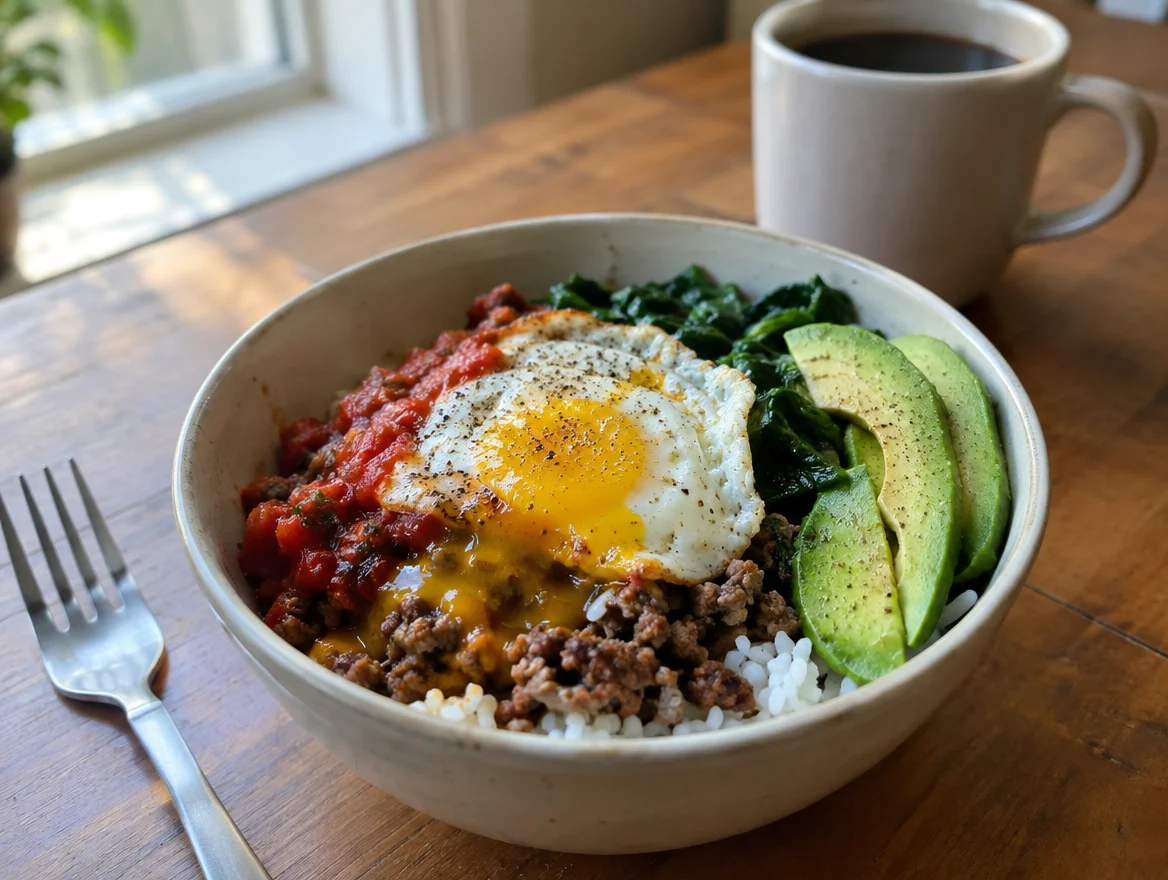 Breakfast beef and rice bowl with a fried egg, spinach and avocado