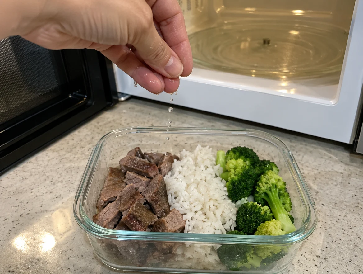 Sprinkling water over cold rice and beef before reheating