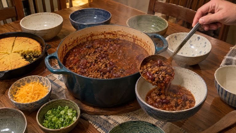 One-pot meals for large families, a big pot of beef and bean chili with bowls set around it