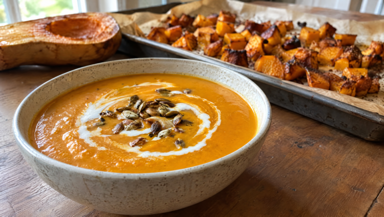 Bowl of roasted butternut squash soup with a cream swirl, one of seven butternut squash soup recipes from one base